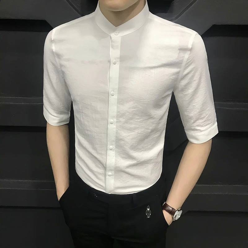 夏季新款中袖衬衫男韩版潮流立领短袖衬衣男士修身休闲薄款寸