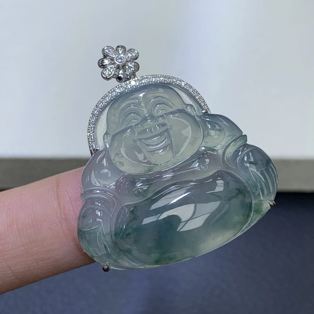 新品推荐·18k金高冰飘花佛公翡翠玉石缅A吊坠气质轻奢