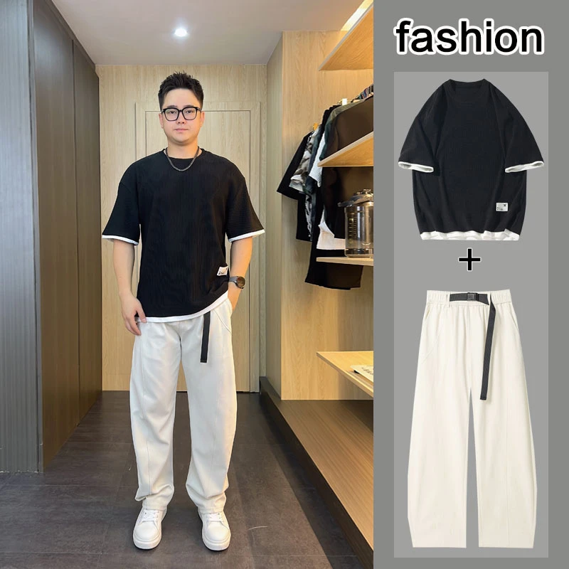 夏季男士短袖T恤韩版宽松假两件休闲套装胖人大码百搭痞帅衣服潮