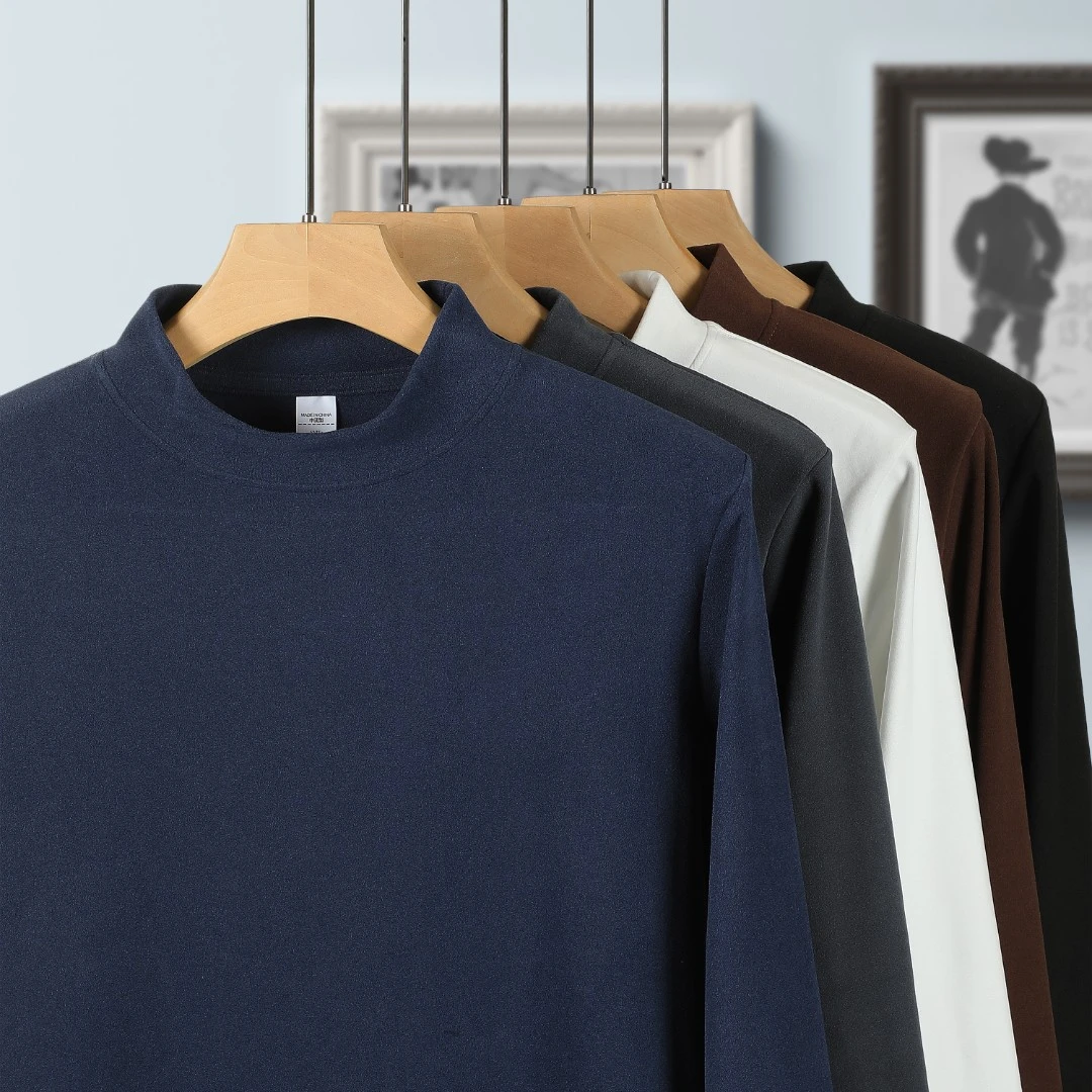 高档宽松德绒半高领上衣磨毛保暖长袖秋冬男士绒面锁温秋衣打底衫