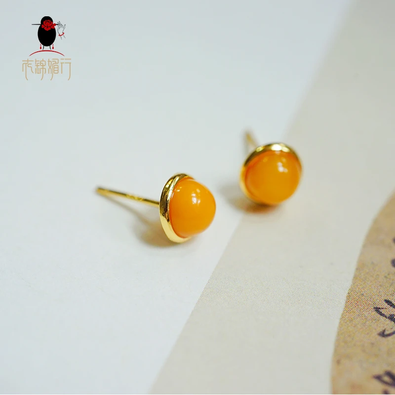 衣锦媚行 925银镀金镶蜜蜡耳钉