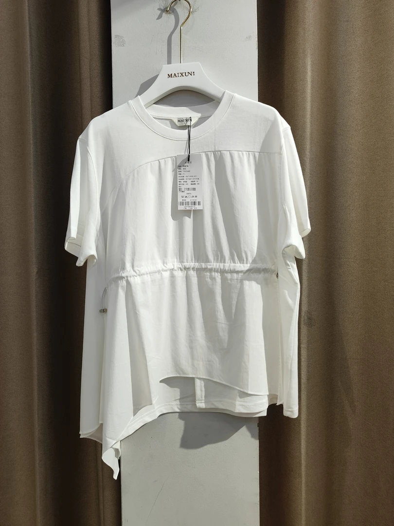 麦寻专柜不规则套头纯色不对称抗起球落肩袖短袖设计师T恤