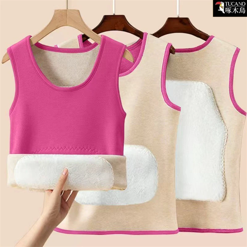 啄木鸟正品2025秋冬季加绒加厚保暖背心无袖中年打底衫马甲上衣女