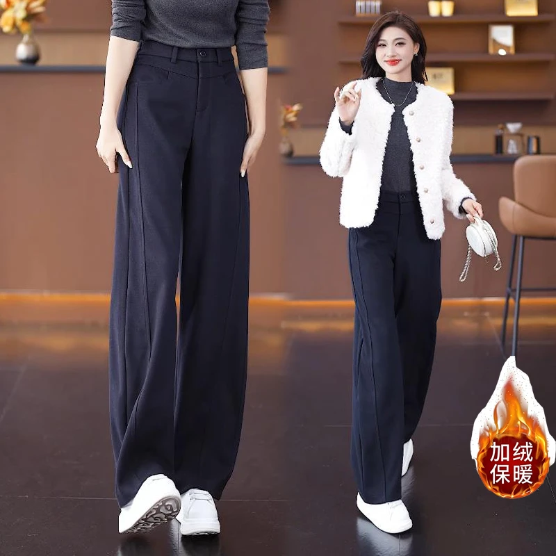 秋冬可机洗抗起球羊绒毛呢窄版弯刀裤女2025新款加绒加厚直筒裤子