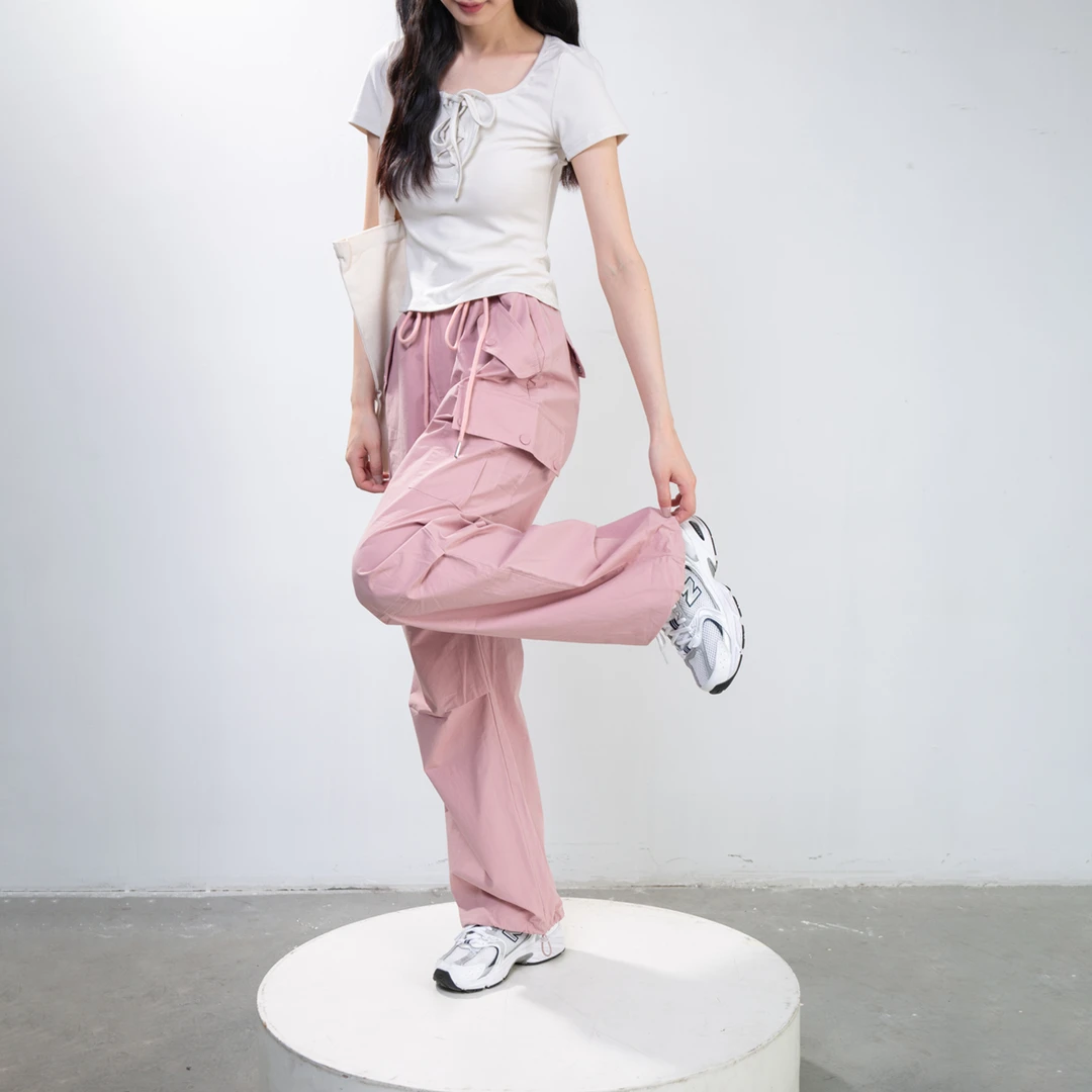 DIAMOND◆周末邮差~阔腿裤工装风粉色长裤小个子束脚百搭宽松抽绳