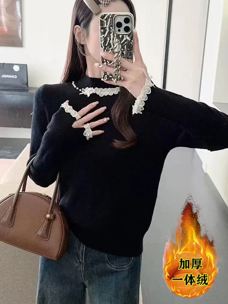 秋冬半高领加绒一体绒修身打底衫毛衣女小清新蕾丝花边钉珠针织衫