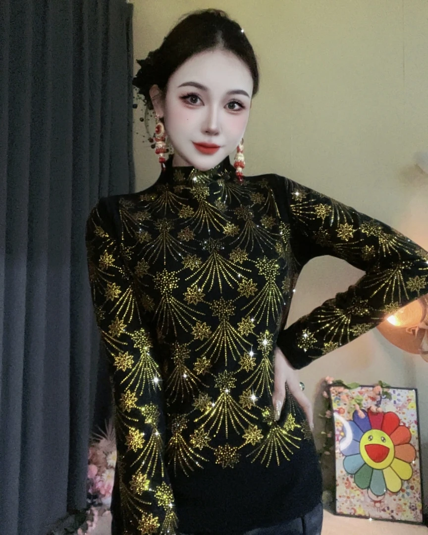 【秋冬73#璀璨星河新款】加绒打底衫内搭时尚烫钻上衣显瘦长袖Y