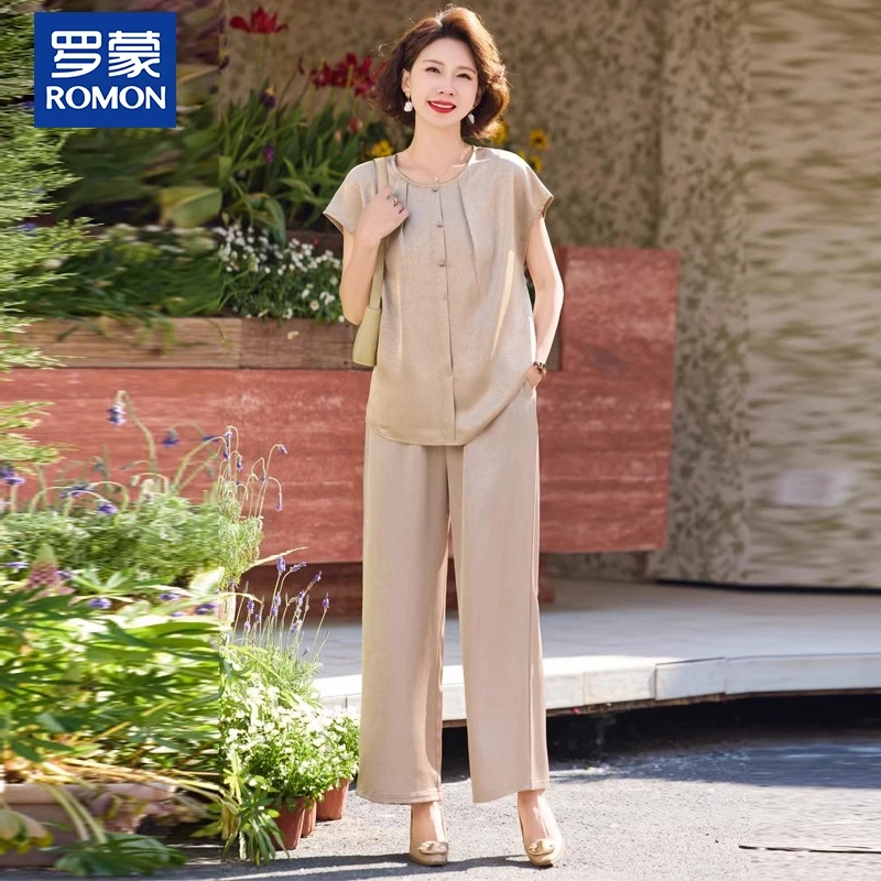 罗蒙中年妈妈装夏季宽松两件套新款中年高档小衫中老年女洋气套装