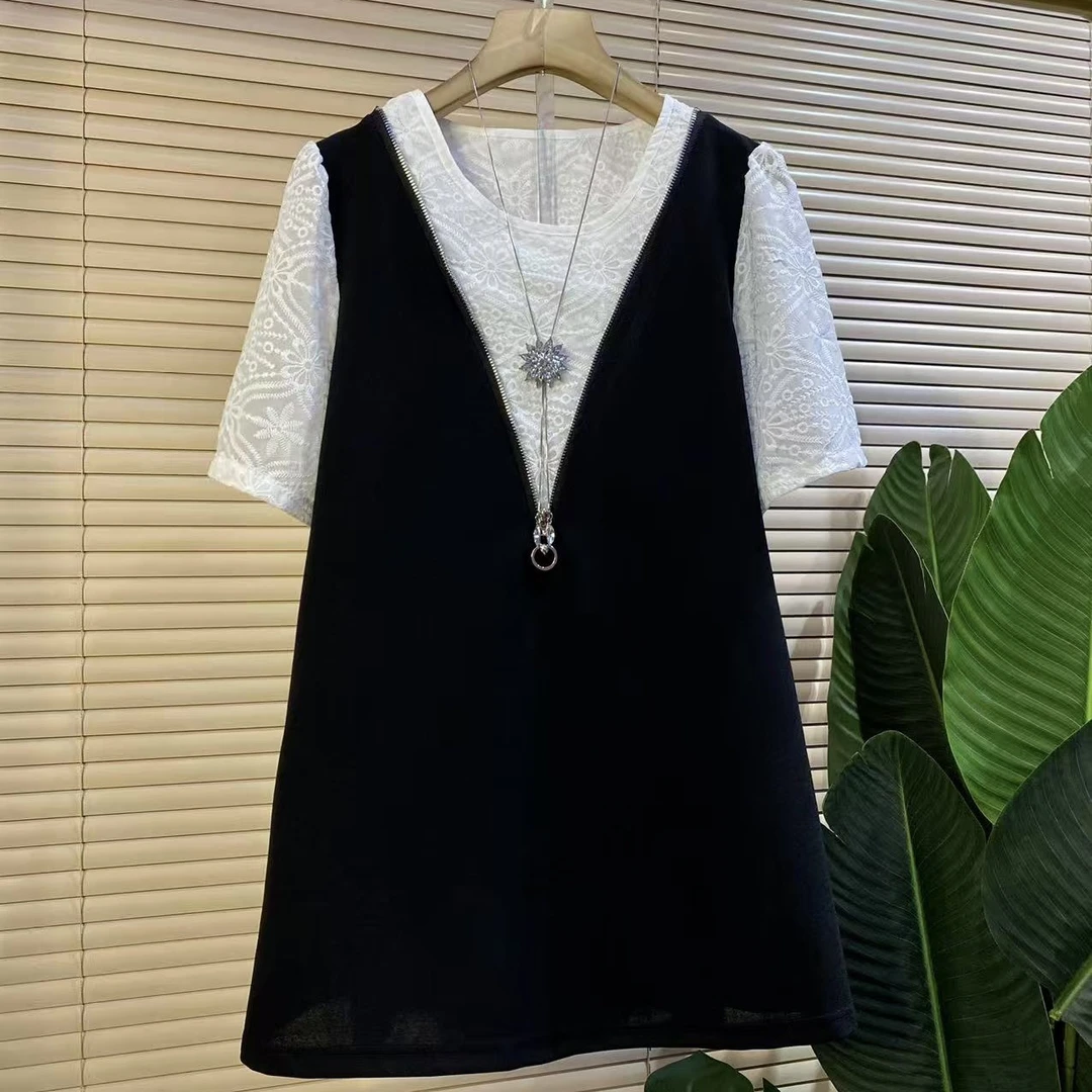 Q欧货时尚新款蕾丝拼接假两件洋气显瘦大衫