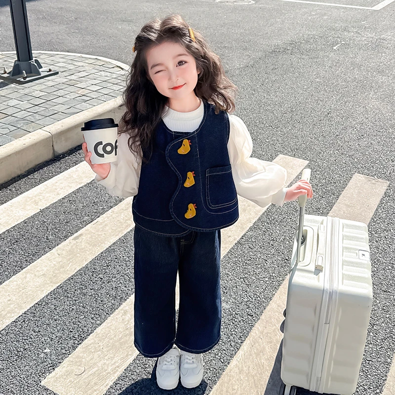 女童春秋款牛仔直筒裤套装2025新款洋气时髦儿童鸭子宝宝春季春装