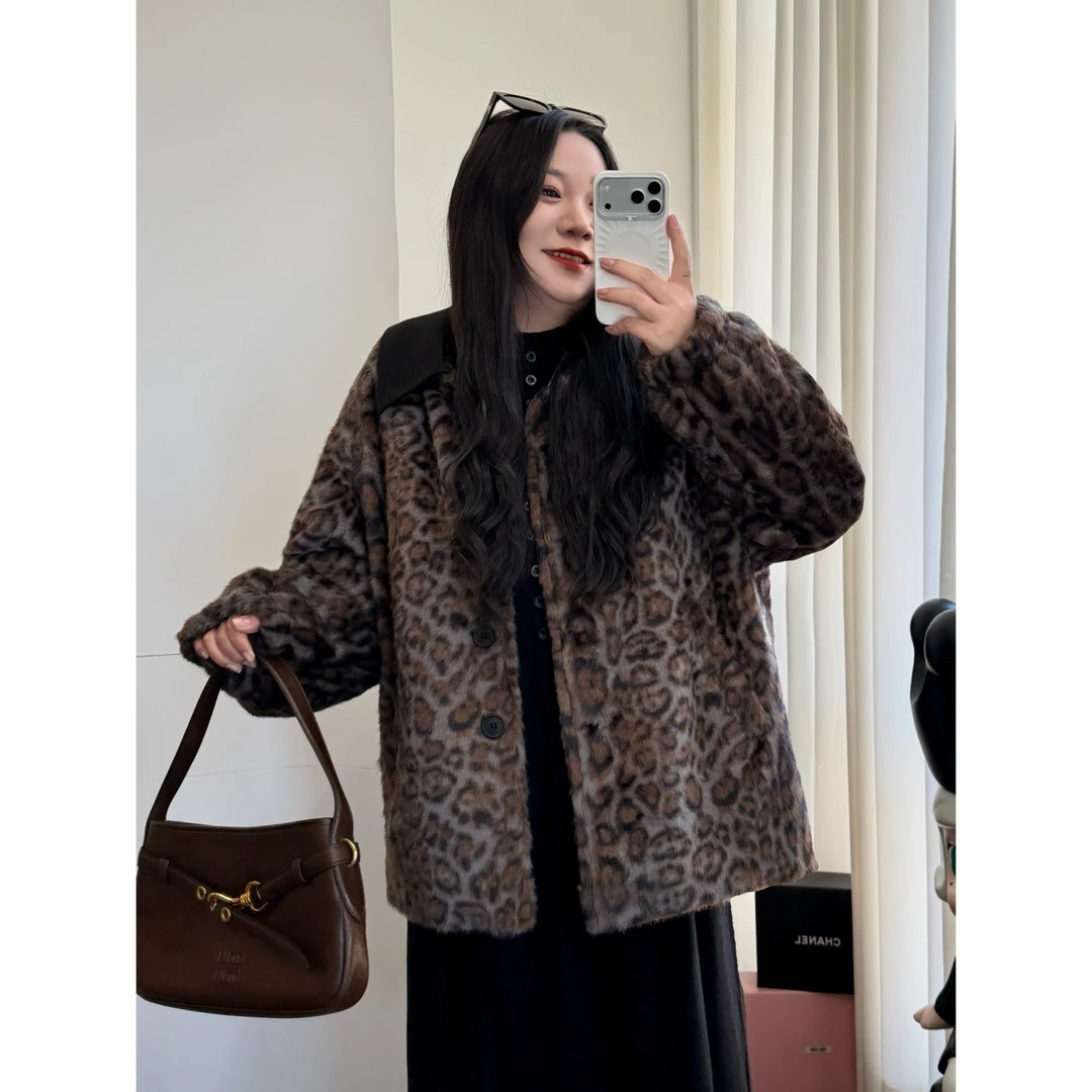 花契“江原初雪”大码女装冬季宽松200斤胖mm洋气豹纹短外套16649-H