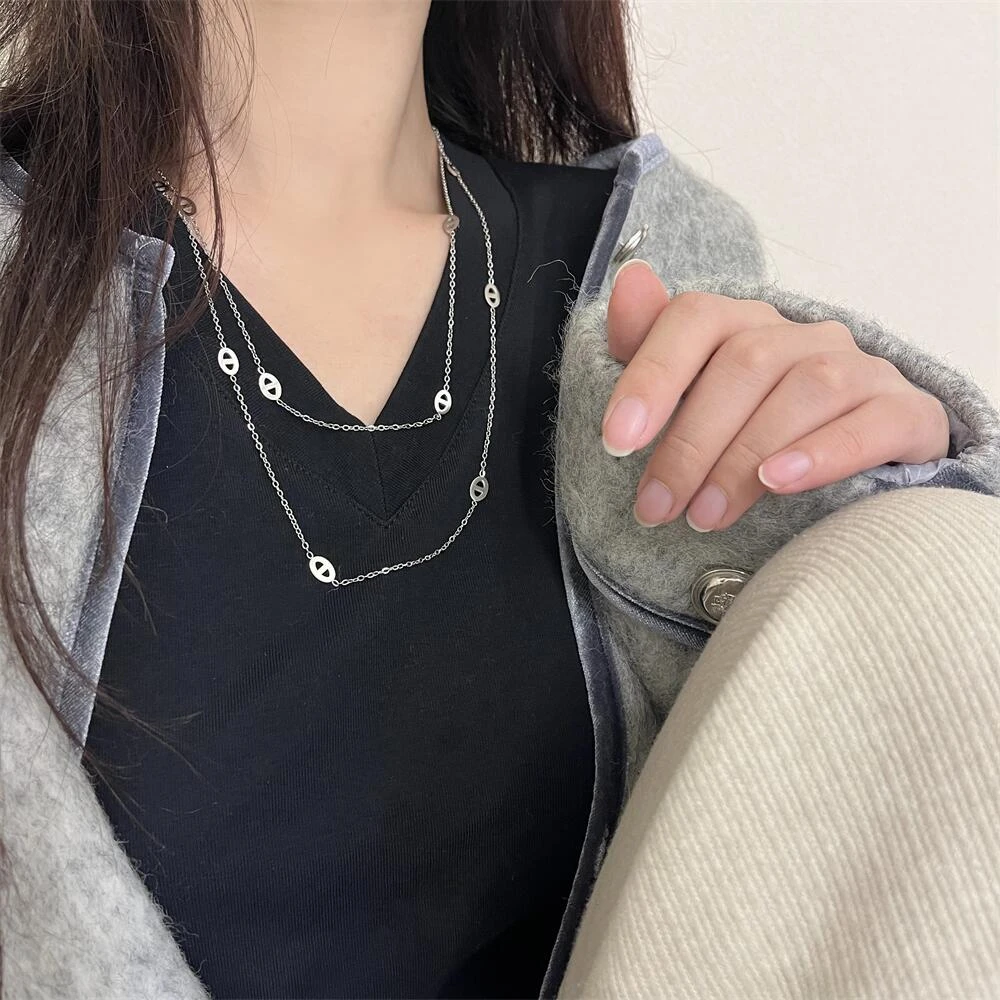 铜合金项链 钛钢猪鼻子超长锁骨链简约毛衣链可双层项链