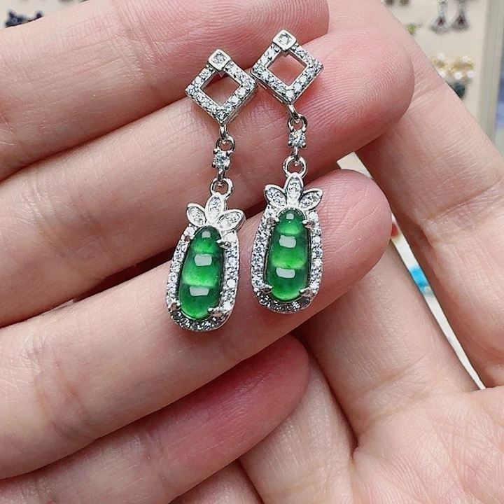 翡翠耳饰银S925镶嵌耳钉