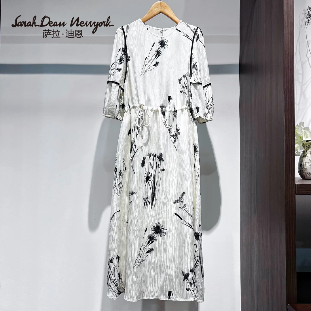 【萨拉迪恩】桑蚕丝时尚气质七分袖长裙圆领连衣裙法式