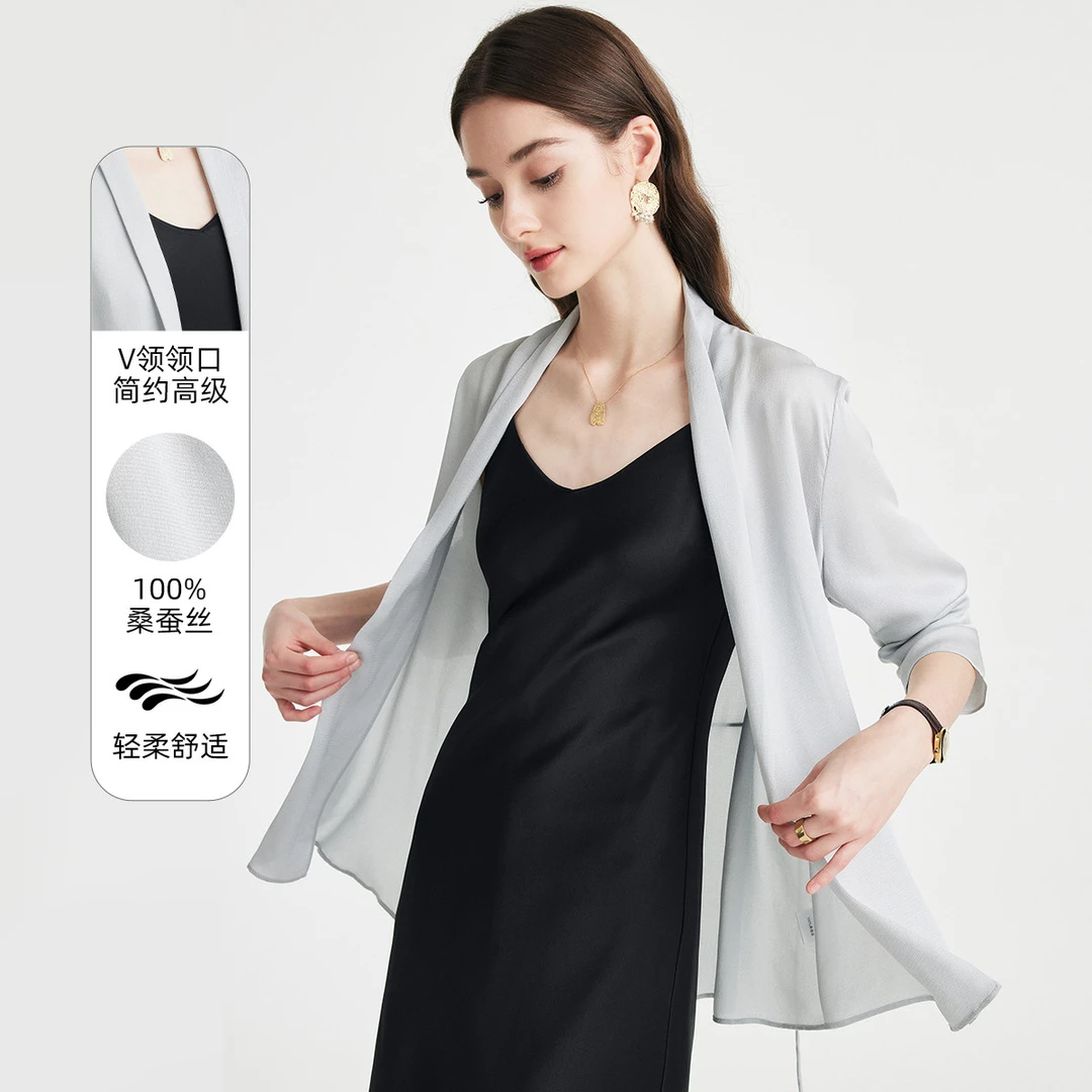 100%桑蚕丝25春夏V领收腰显瘦简约真丝衬衫女ES250762Z