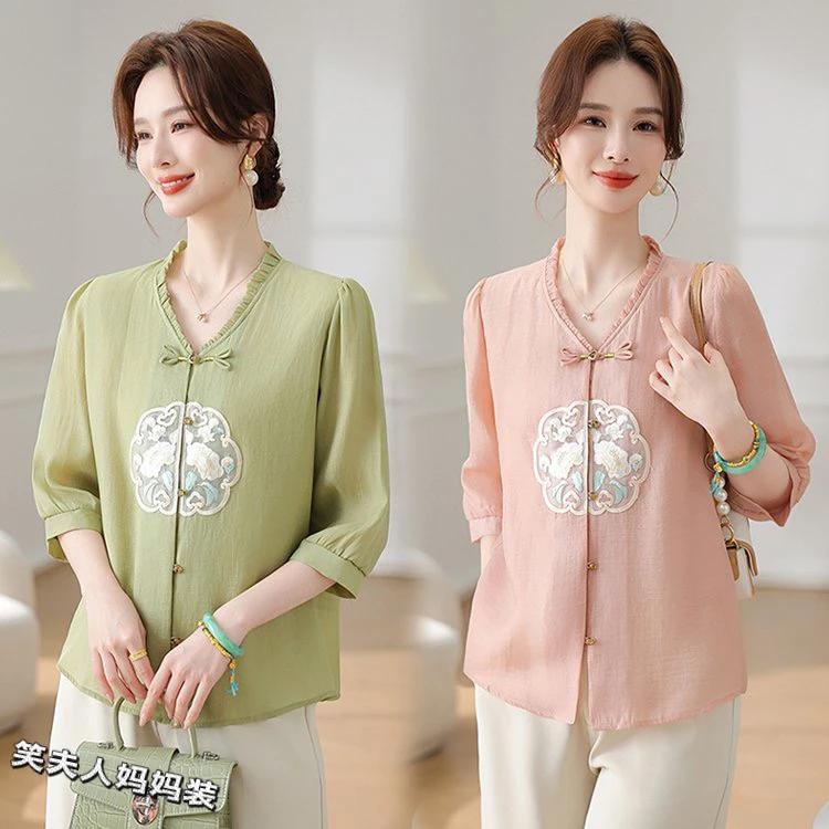 新中式妈妈装七分袖衬衫薄款国风中老年女装春夏上衣