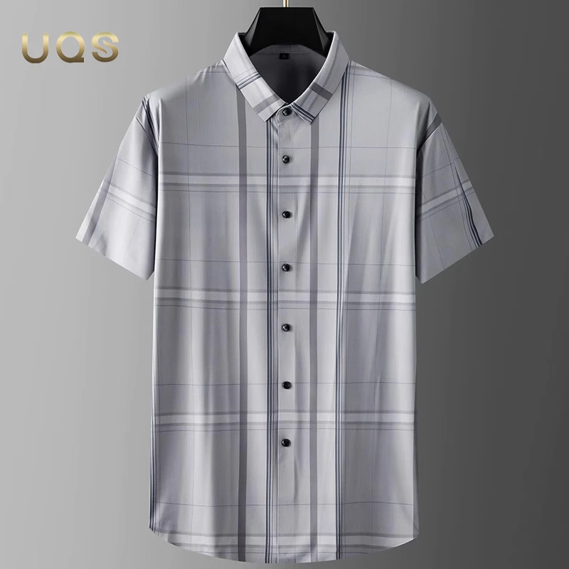 冰丝凉感夏季大码男士高端衬衫短袖时尚格纹经典百搭休闲日常宽松