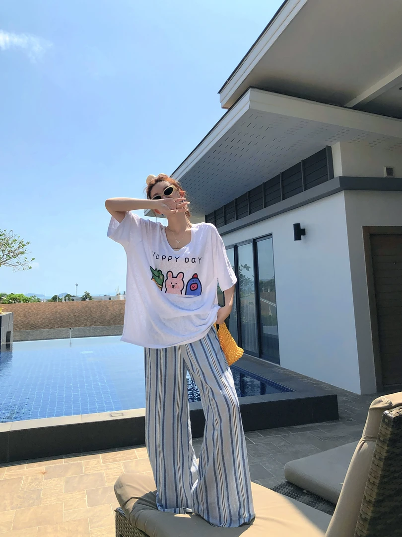 【婉君】春款韩系时尚百搭拖地垂感阔腿条纹休闲裤LWJ25A1K388