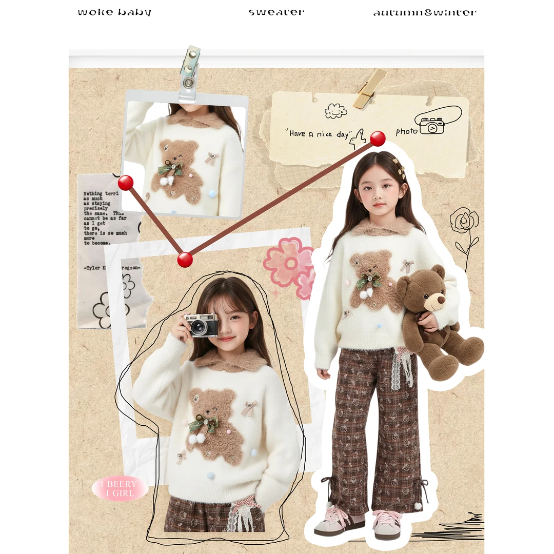 【焦糖小熊】女童秋冬小熊POLO领针织毛衣软糯针织上衣汉服W5057