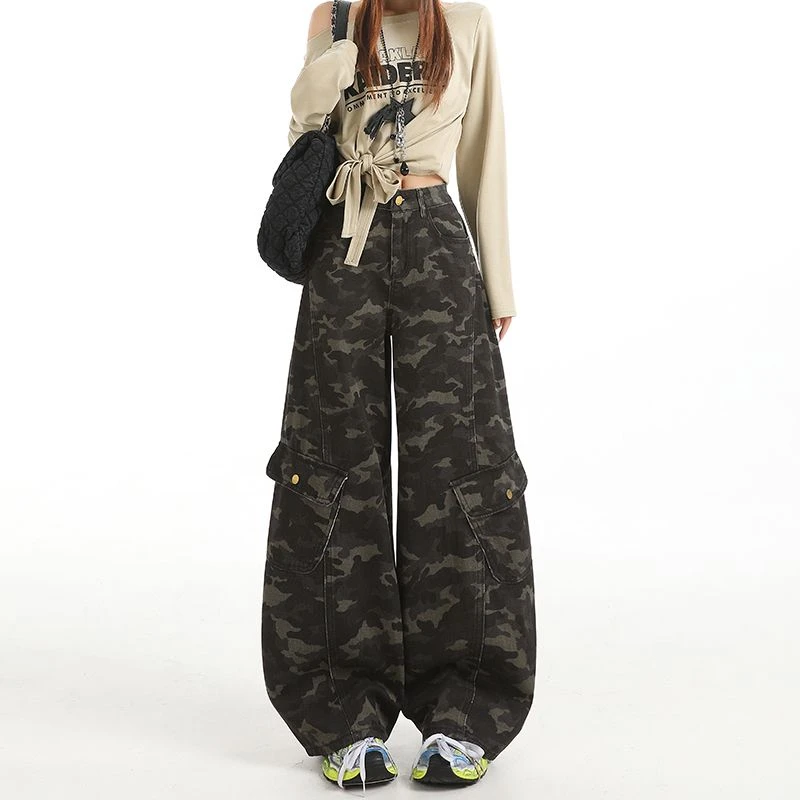 2025新款爆款高腰迷彩多口袋工装裤宽松牛仔裤女百搭显瘦休闲裤