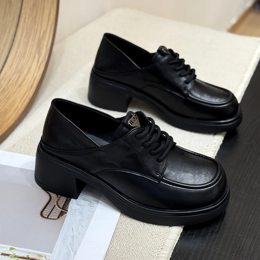 英伦复古系带粗跟两穿小皮鞋女2026新款春显瘦厚底学院单鞋乐福鞋