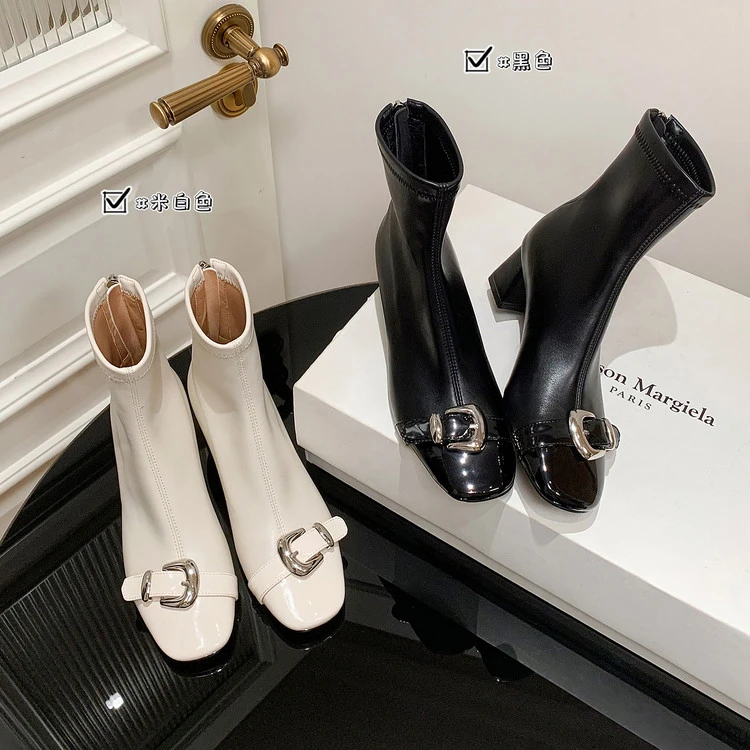 5.5cm~弹力靴袜靴2025秋冬季通勤风粗跟金属皮带扣大码瘦瘦靴短筒
