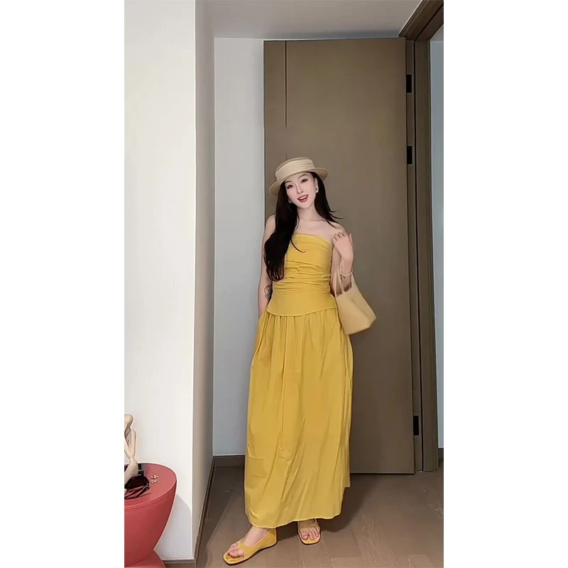 法式纯欲慵懒风女装性感抹胸上衣高腰洋气休闲百搭半身裙两件套潮