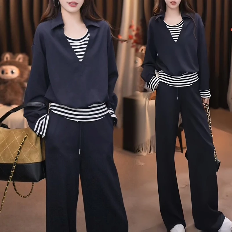 2025早秋气质女新款宽松显瘦套装女新款假两件上衣+裤子两件套