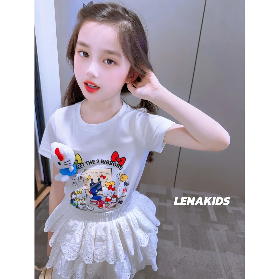 Lenakids【现货·凯蒂喵T恤·100全棉线绣蛋糕裙】高定气质25030203