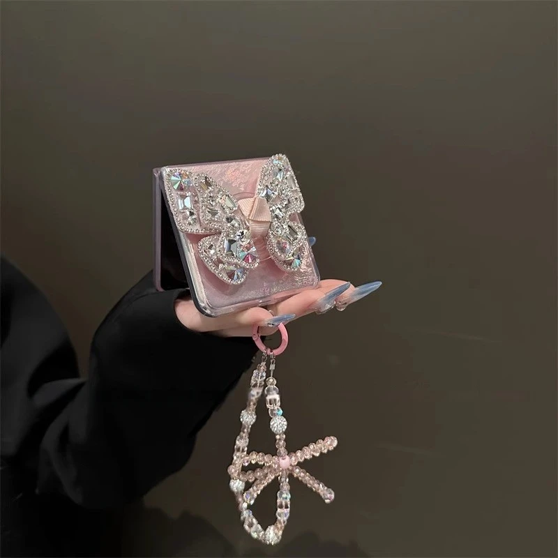 适用华为p50 pocket 2手机壳折叠屏ins晕染粉水晶蝴蝶支架保护套