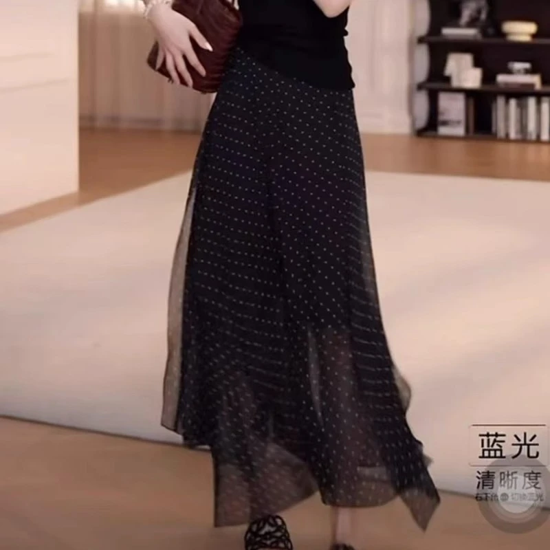 法式黑色不规则波点长裙女2025夏季新款气质显瘦简约风网纱半身裙