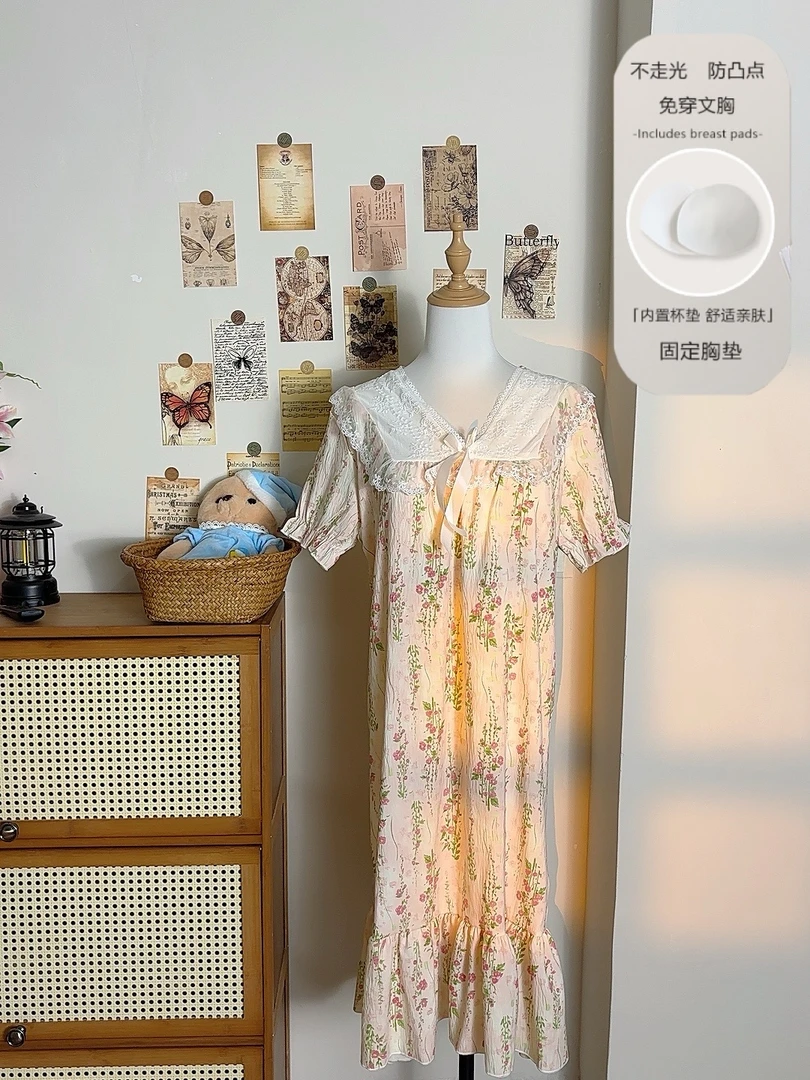 夏季遮胸睡裙女家居服睡衣莫奈花园甜美睡裙短袖带胸垫