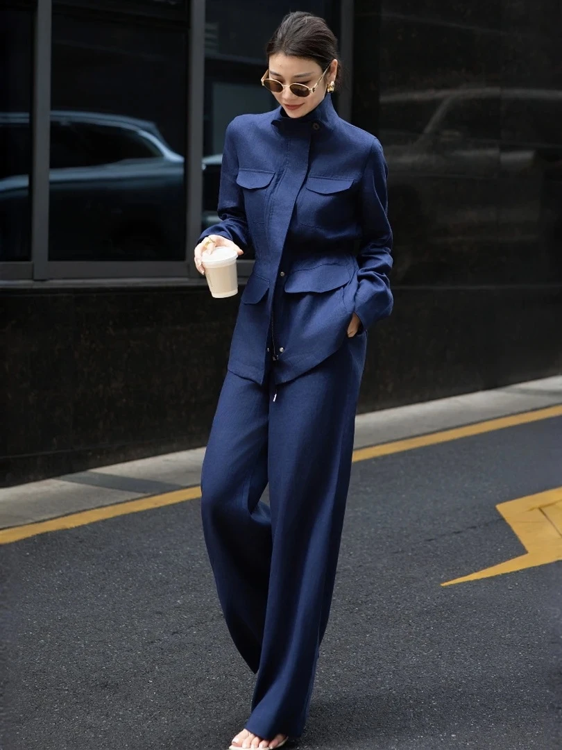 老钱风高端女装2025秋季高级亚麻老钱肌理感工装衬衣长裤两件套