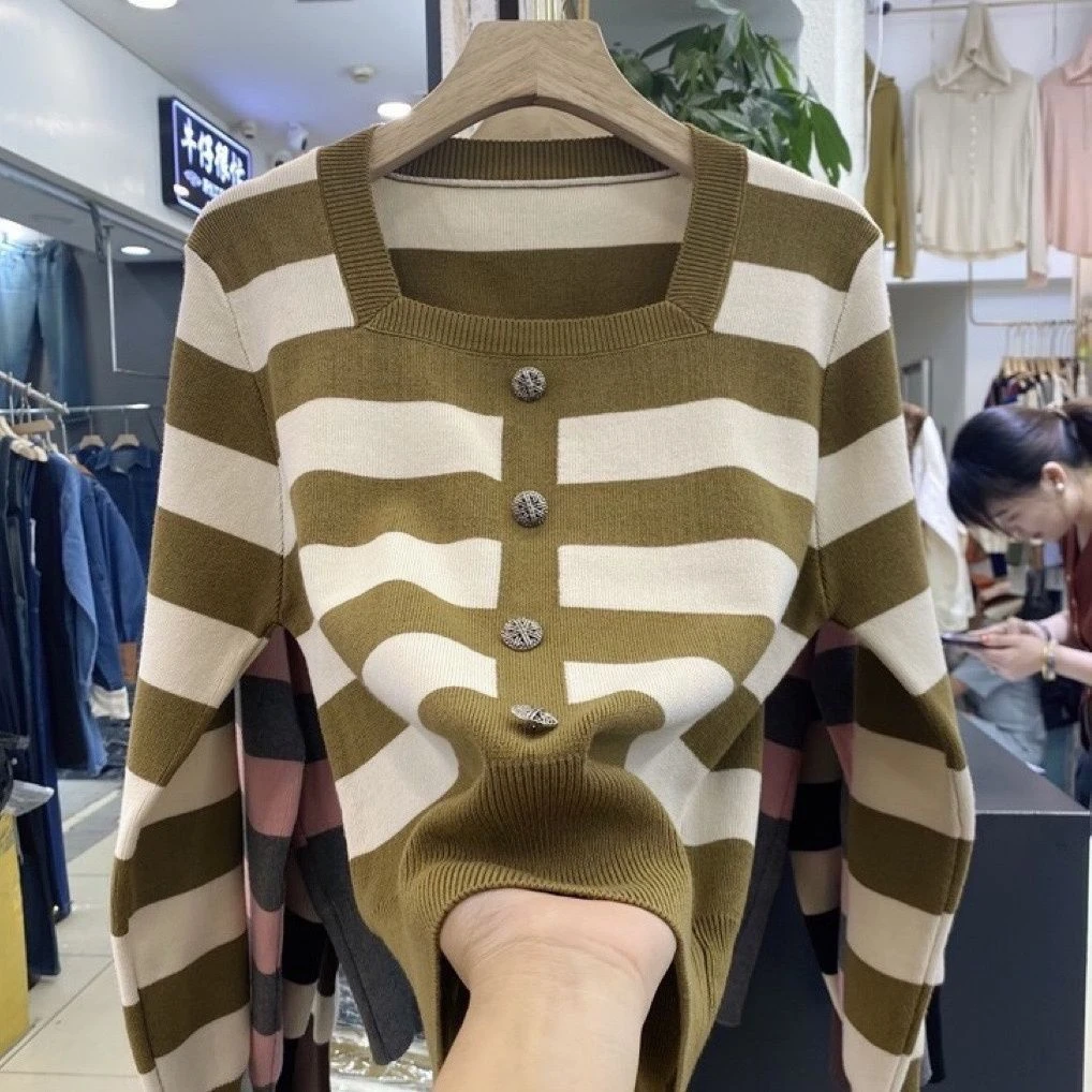 方领针织衫女大码条纹毛衣秋季宽松显瘦法式百搭长袖打底衫上衣