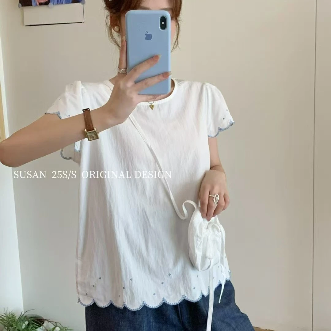 Meiky饼 韩系百搭 刺绣波浪花边带包包圆领短袖上衣 2色