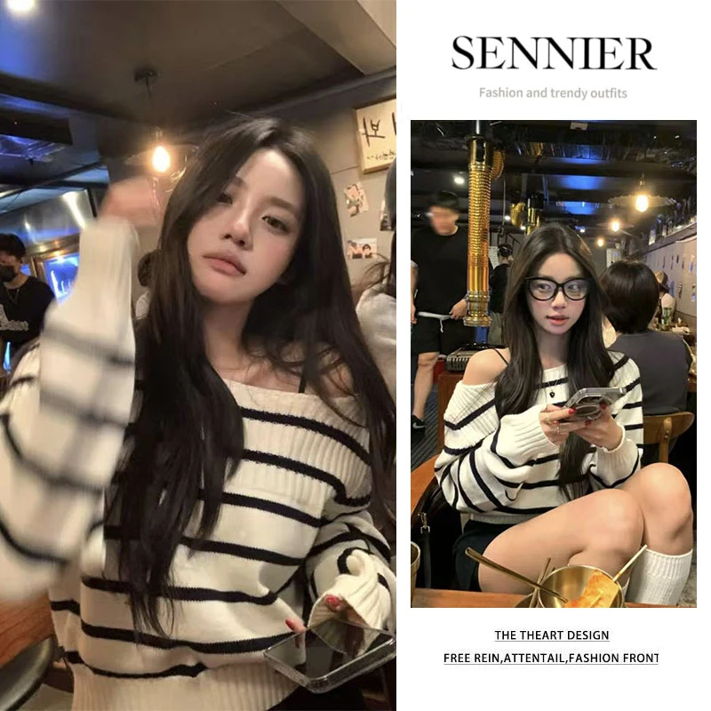 今年流行穿搭一整套2025新款条纹斜肩长袖针织衫显瘦短裙两件套女
