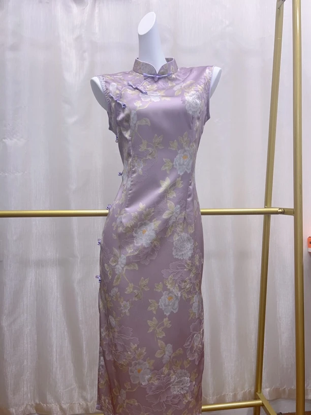 V-3189 晴烟紫 桑波段 无袖 新中式 夏款年轻款改良旗袍120cm长款