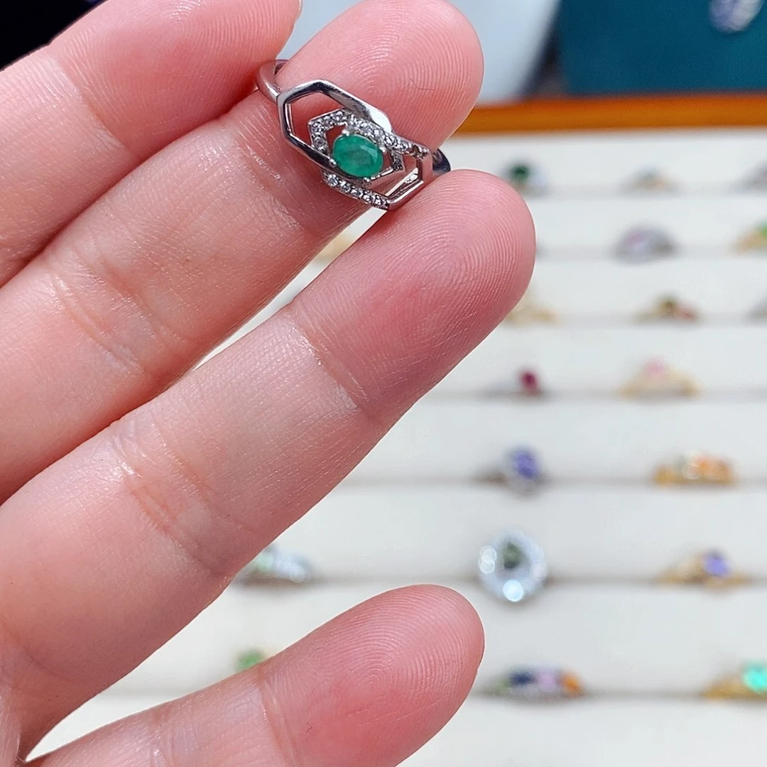 祖母绿戒指银S925镶嵌