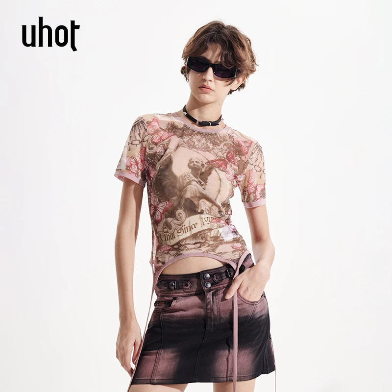 UHOT 花色网纱古典印花短袖上衣修身优雅气质25夏季新款UWWR6T385