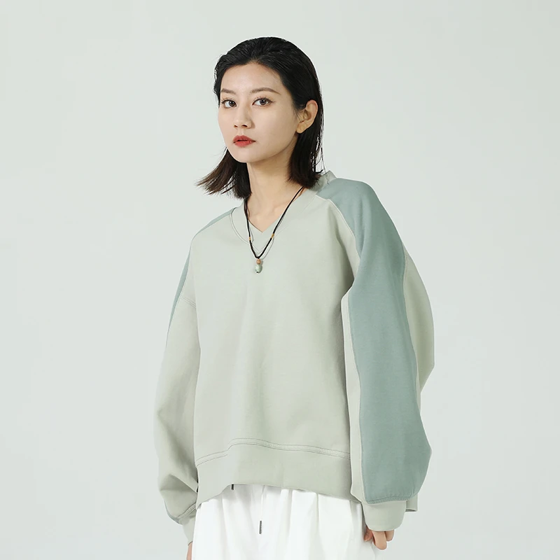 女装瑕疵品203231110拼色通勤长袖拼接套头V领卫衣女秋