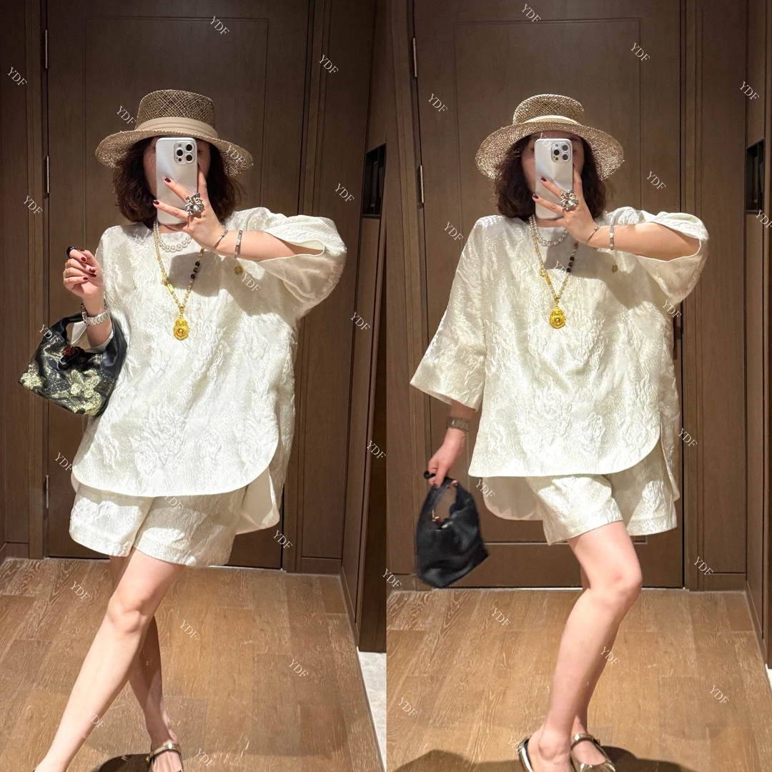YDFSTUDIO小众【云柔锦绣】欧货高品国风暗纹提花设计上衣+短裤套装