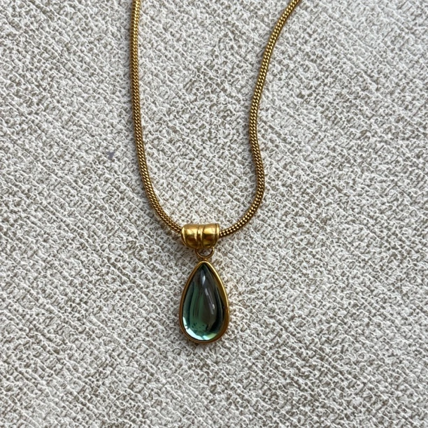 钛钢锆石项链 【foryou】设计女水滴以下宫廷风饰品绿色复古