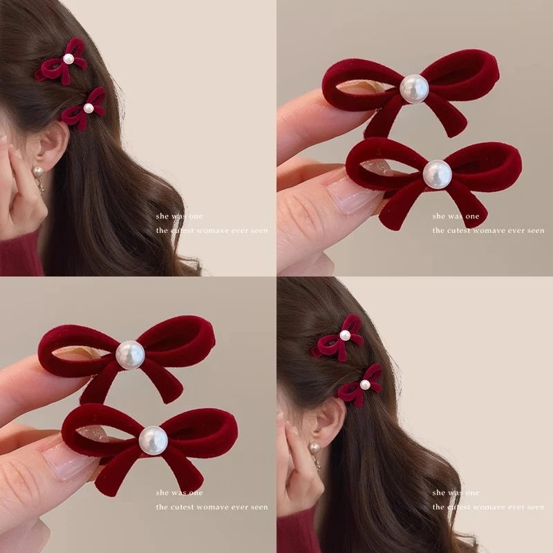 新年发饰本命年红色刘海侧边夹蝴蝶结发夹女红花夹子过年头饰发卡