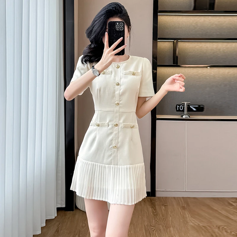 小香风短袖a字收腰连衣裙女夏装2025夏季新款百褶裙法式白色短裙