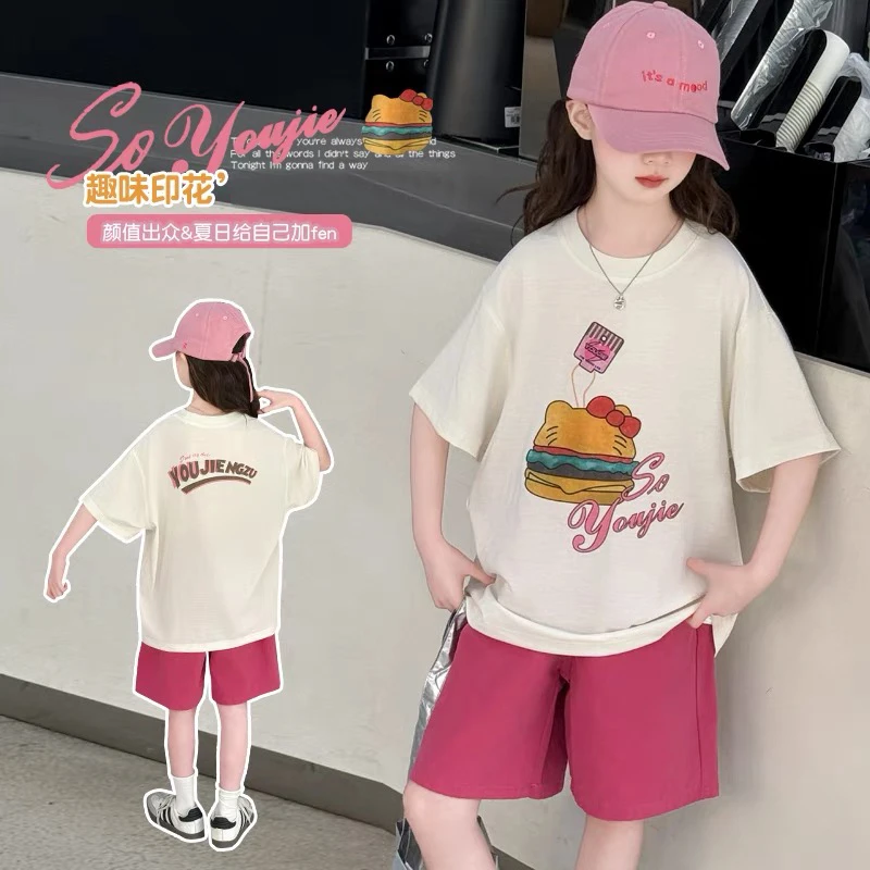 大童t恤夏季2025新款女童短袖t洋气印花初中生女孩中大童夏装上衣