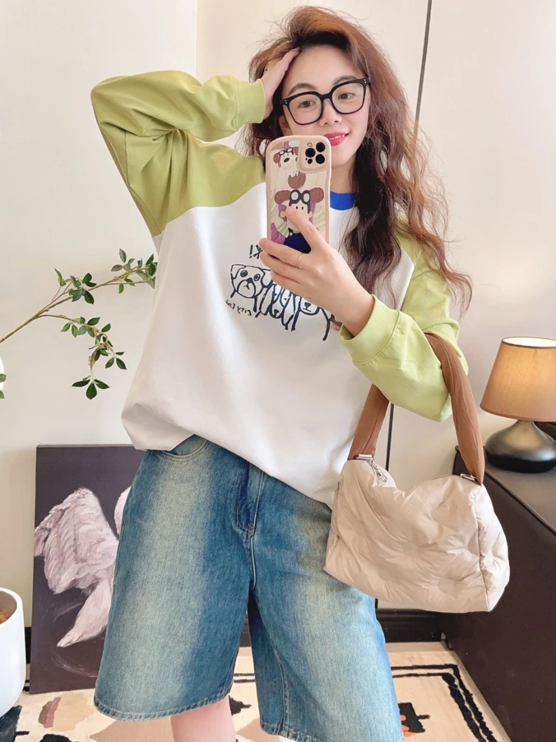 春款yongwill小羊纸袋家1161棉插肩袖撞色浆果印打底衫女