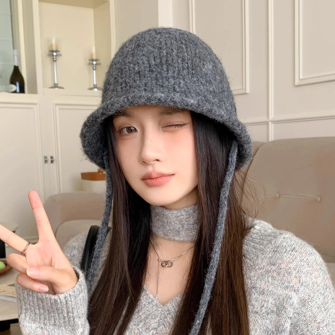 绑带针织渔夫帽女秋冬季韩版百搭显脸小水桶帽子大头围保暖毛线帽