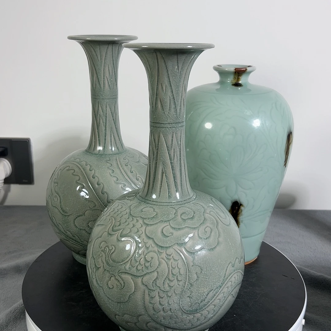 瓷片三只赏瓶摆件瓷瓷