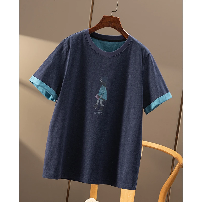 春天家 休闲童趣 法G元气少女印花宽松圆领纯棉短袖T恤女03C7 特