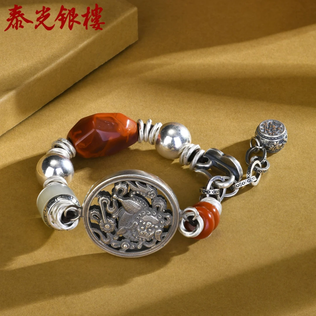 泰光银楼 925银珐琅手链 925银狮子滚绣球手链复古做旧明清银饰
